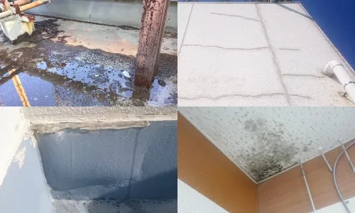 放置すると雨漏りを引き起こす、工場や倉庫、店舗などの屋上、屋根、壁にできた錆・ヒビ、壁のふくらみや天井のシミのイメージ